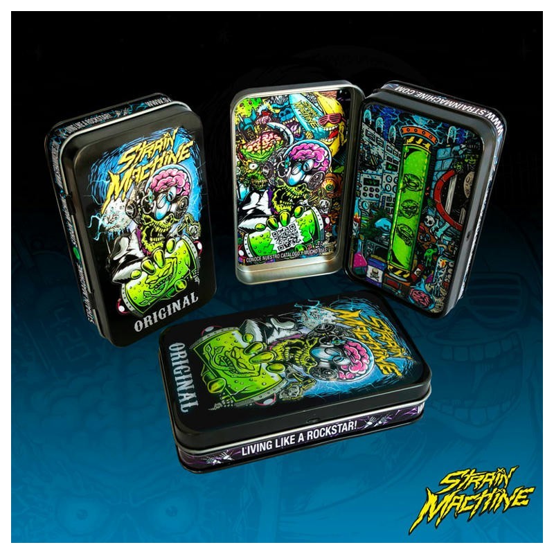 Semillas de marihuana en cajas de metal con diseño Strain Machine